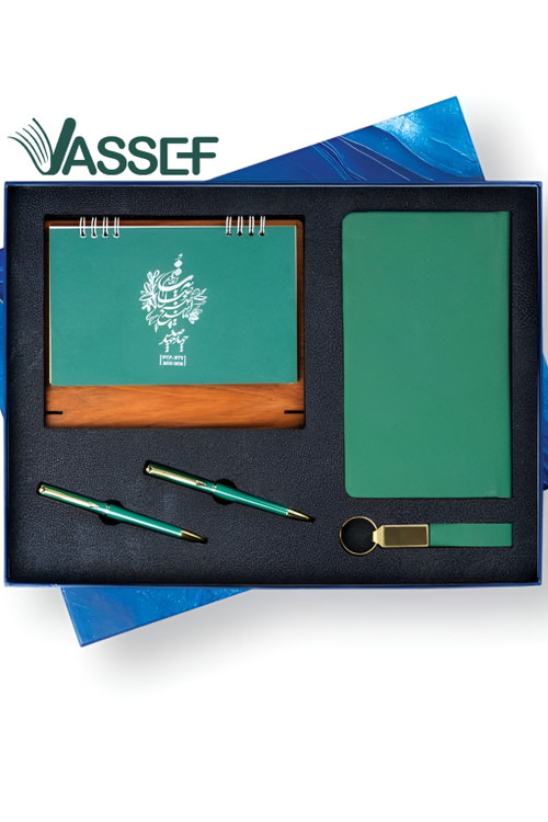 فروش باکس هدیه دارای سررسید تقویم ام دی افی خودکار و روان نویس و جا کلیدی چرمی