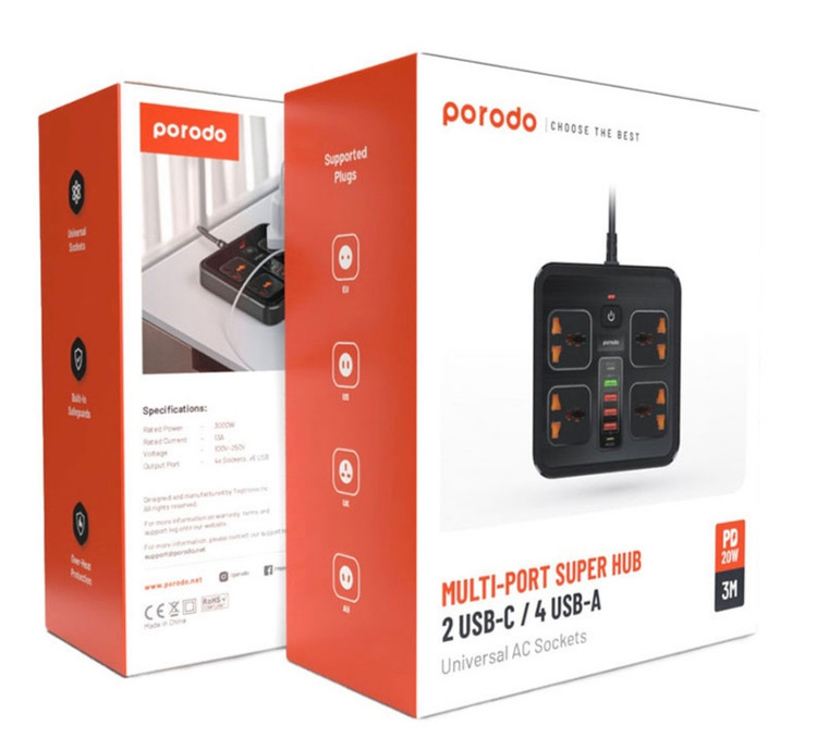 porodo multi-port super hub universal AC sockets