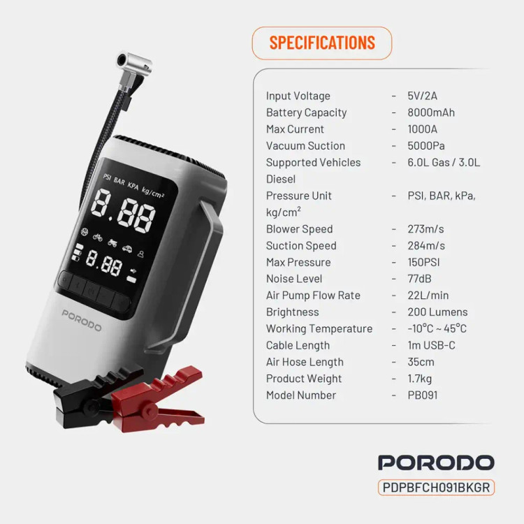 جامپ استارتر و پمپ باد 6 کاره پرودو Porodo Multi-Function 6-In-1 Power Tool Jump Starter